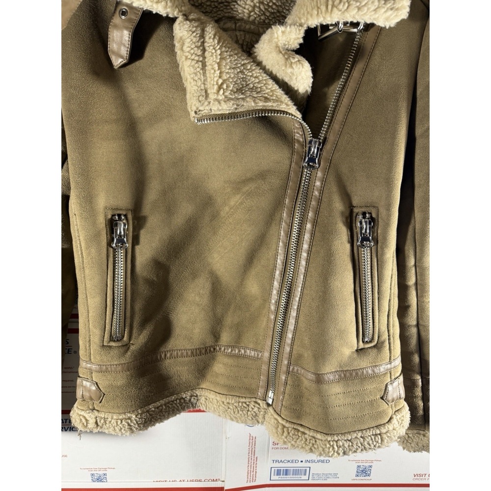 ZARA OUTERWEAR TAN FAUX SUEDE MOTO JACKET SHEARLING LINED ZIPPERS SZ S - Picture 3 of 7